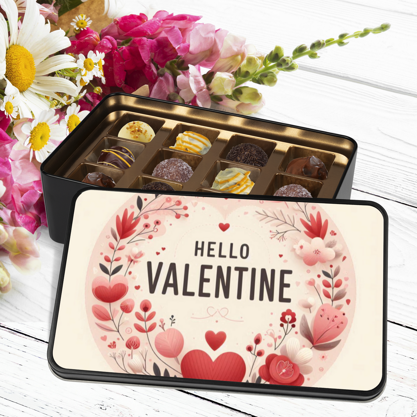 Tin of 12 Hand Made Truffles Hello Valentine, Valentine's Day Gift