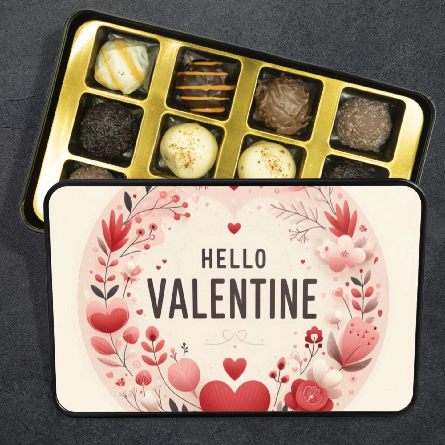Tin of 12 Hand Made Truffles Hello Valentine, Valentine's Day Gift