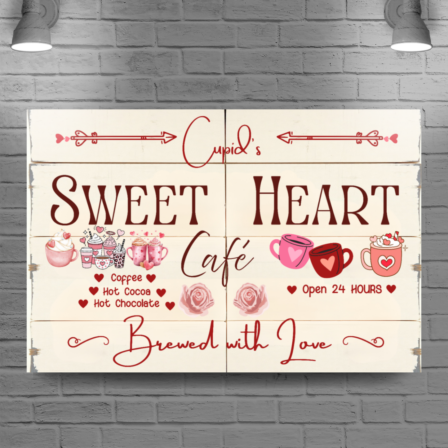Decorative sign for 'Cupid's Sweet Heart Café' on a brick wall background