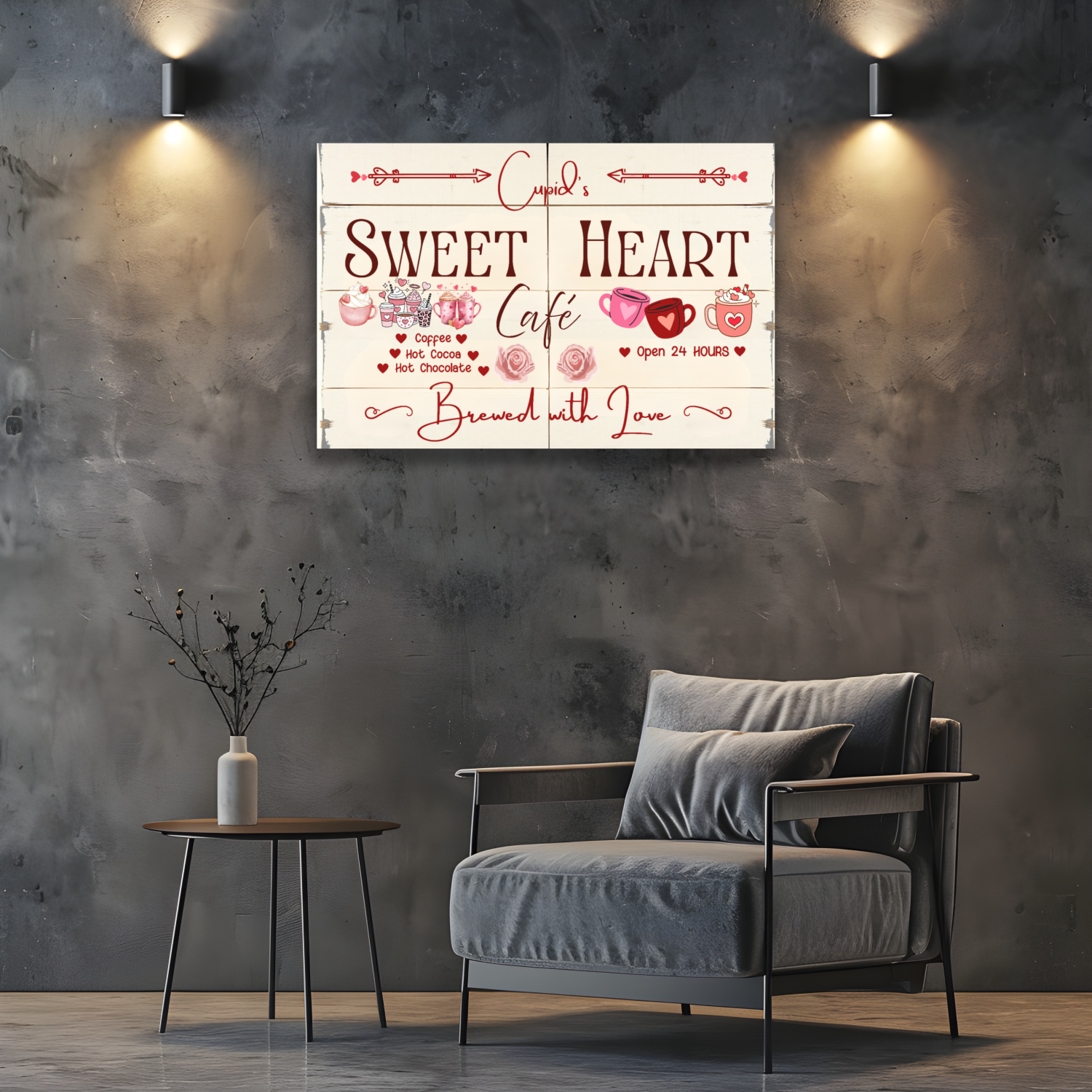 Decorative sign for 'Sweet Heart Cafe' in a modern interior setting with a gray armchair and side table.