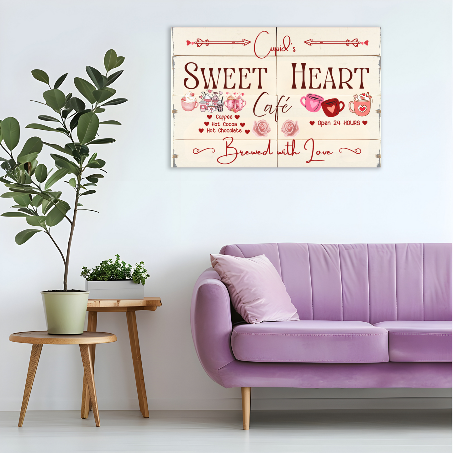 Decorative sign for 'Sweet Heart Cafe' above a purple couch with plants on a side table.