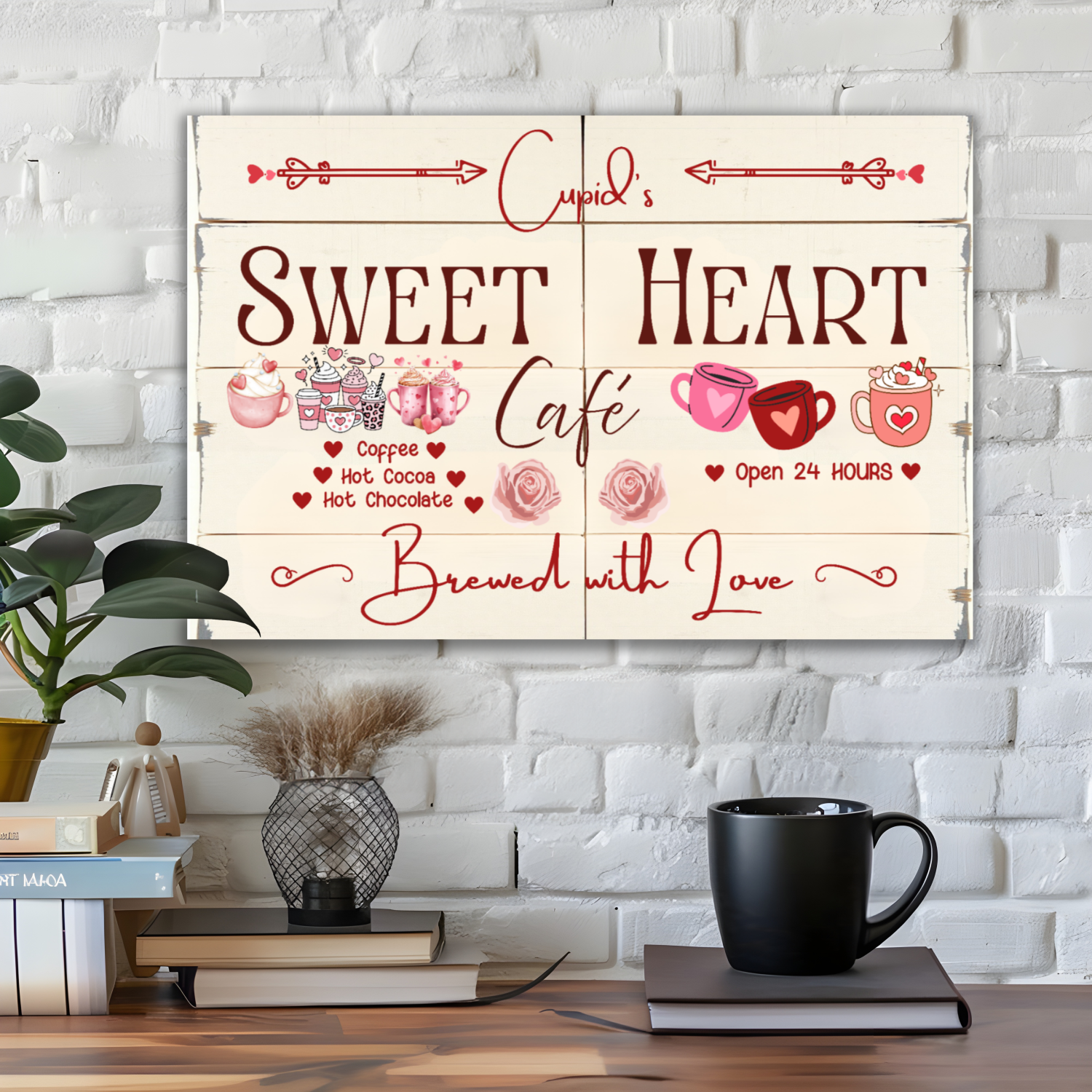 Decorative sign for 'Cupid's Sweet Heart Café' on a white brick wall with a cup and books in the foreground.
