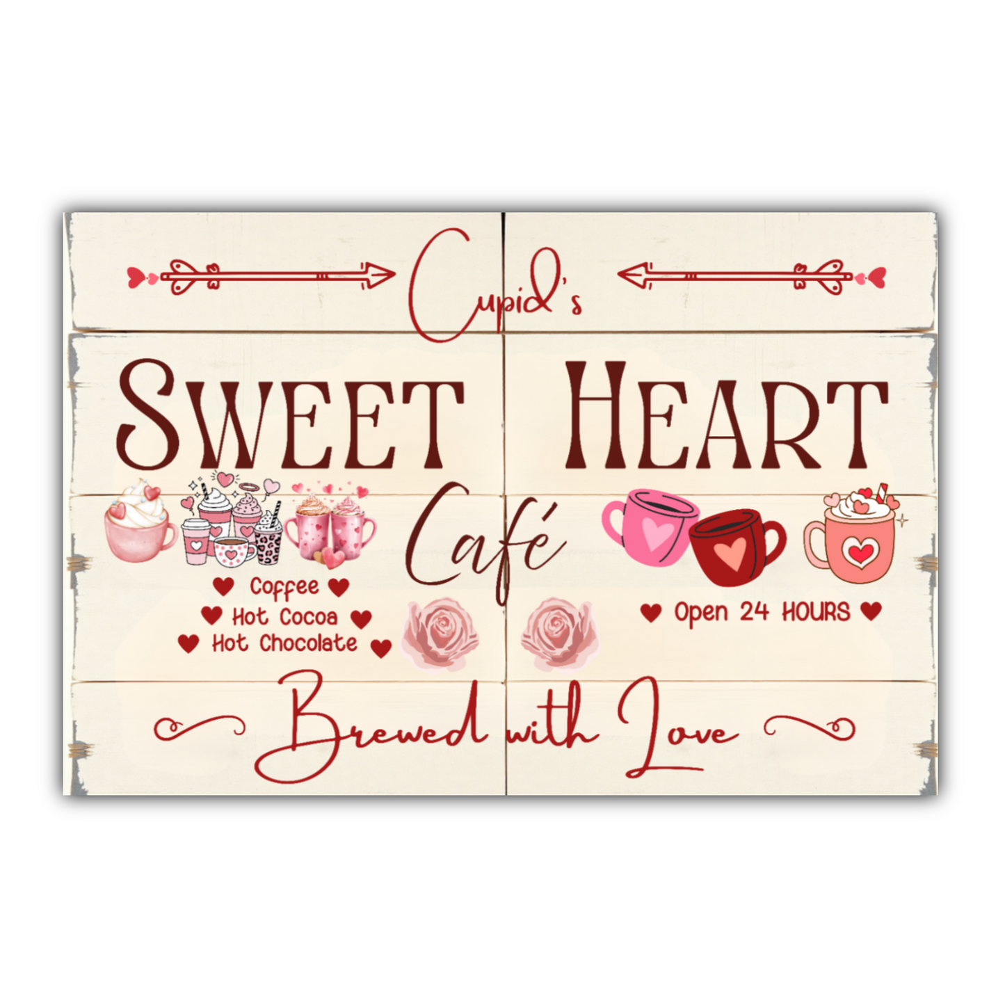 Decorative sign for 'Cupid's Sweet Heart Café' with coffee and hot chocolate graphics on a white background.