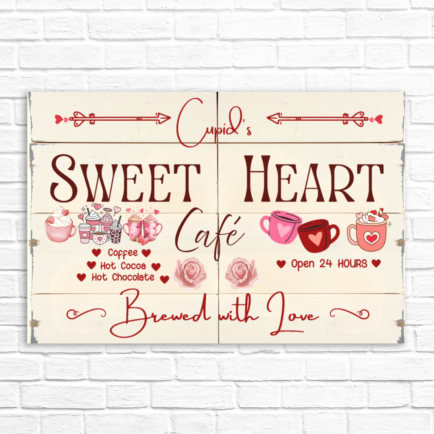 Decorative sign for 'Cupid's Sweet Heart Café' on a white brick wall background.