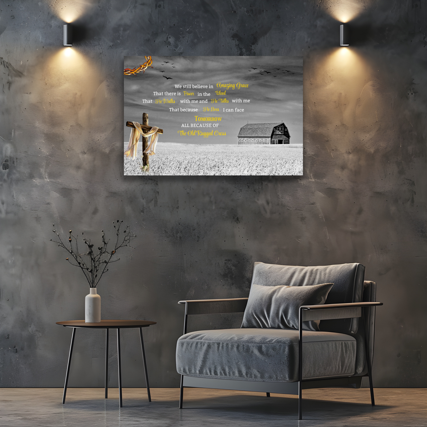 Landscape Canvas I still believe in Amazing Grace verse, old barn design