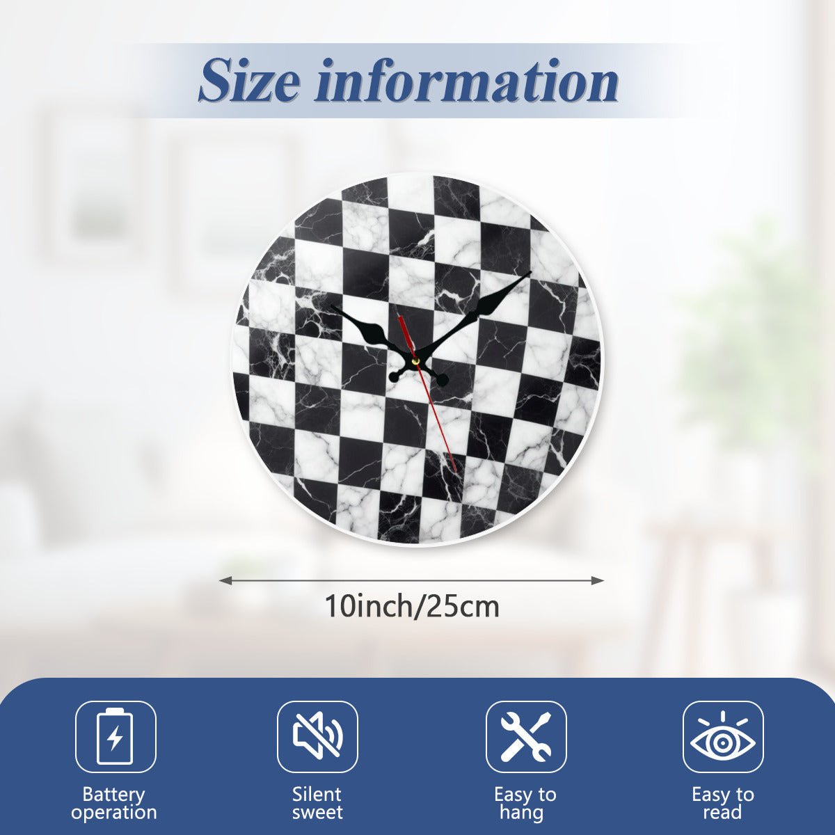 Modern Black and White Checkered Acrylic Clock – Granite Look Wall Decor - JewelryLuxeUS.Shop