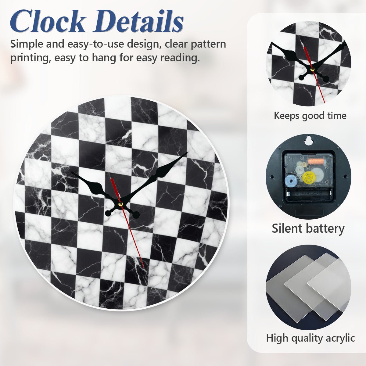 Modern Black and White Checkered Acrylic Clock – Granite Look Wall Decor - JewelryLuxeUS.Shop