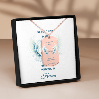 Rose gold plated men’s tag necklace with engraved wings and memorial message in black gift box.