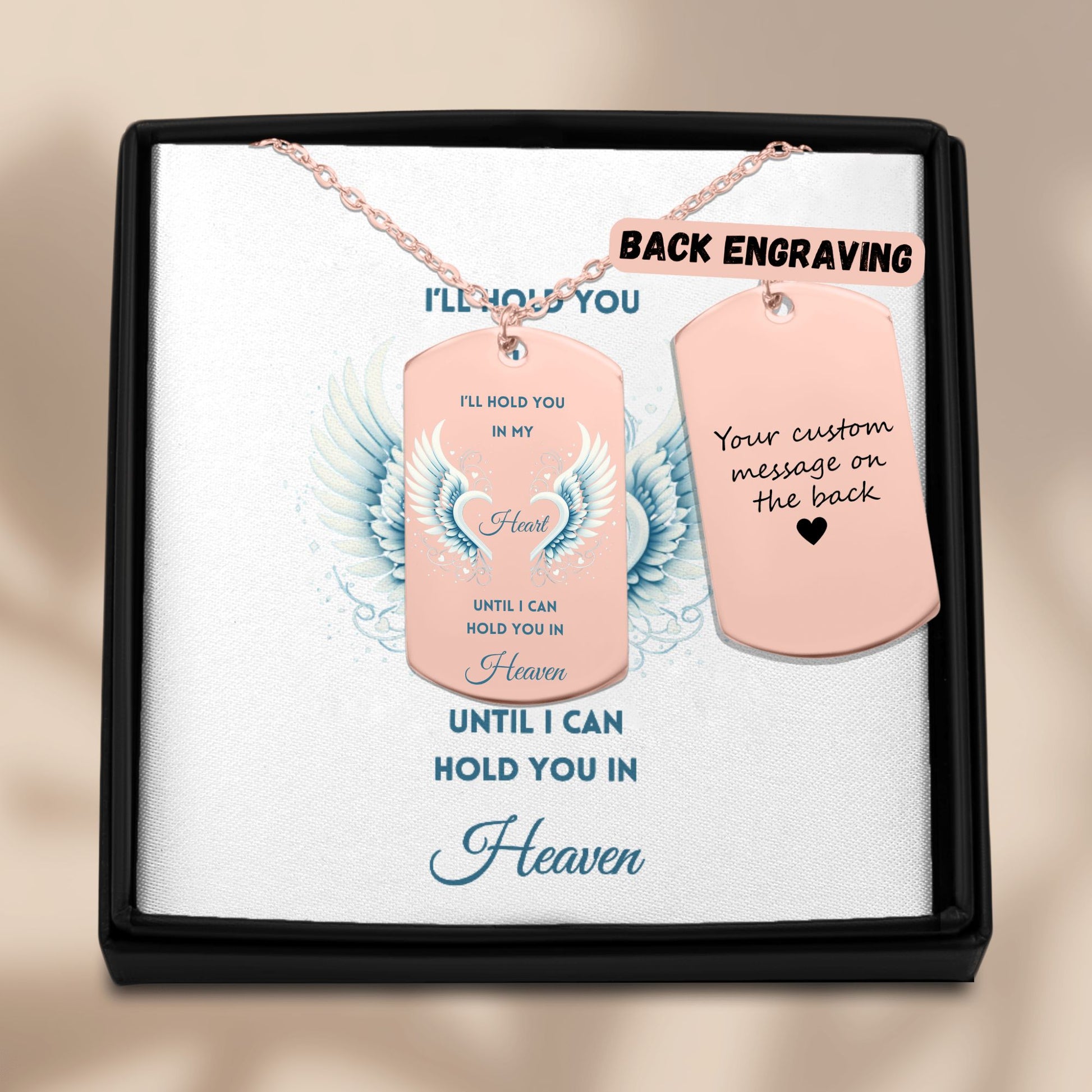 18K rose gold plated men’s tag necklace with angel wings and heart design, personalized back engraving option, gift box.