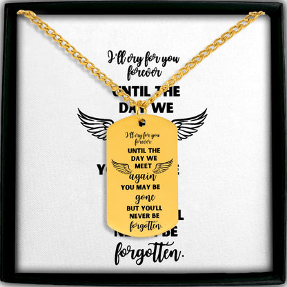 18k gold plated dog tag necklace with engraved memorial message and wing design on black chain.
