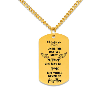 18k gold plated memorial dog tag necklace with engraved sympathy message and wings design.