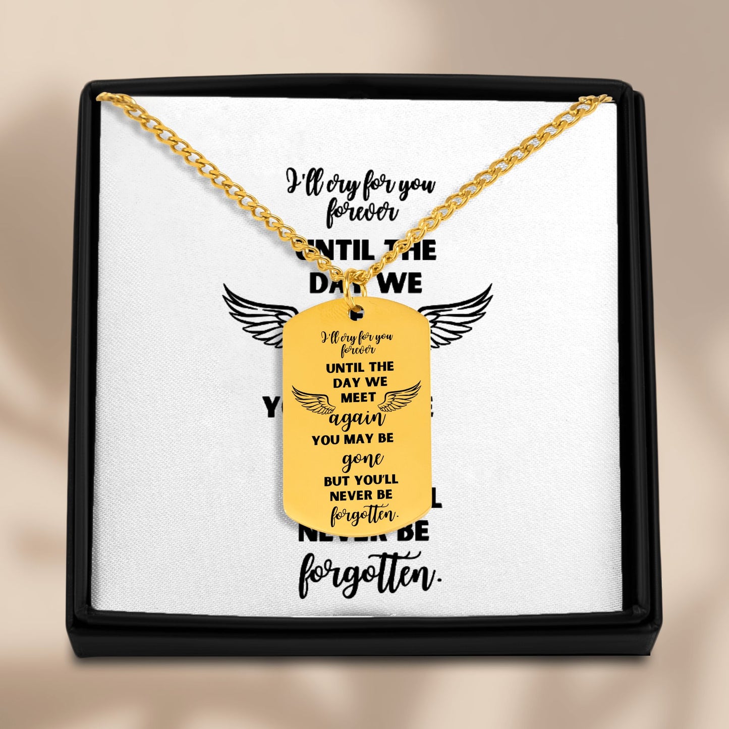 18k gold plated engraved dog tag necklace with sympathy message on black chain in gift box.