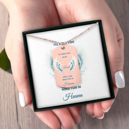 18K rose gold plated men's tag necklace with engraved memorial message and angel wings design in black box.