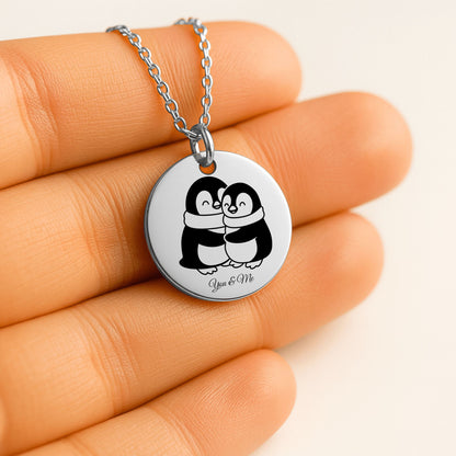 Personalized Penguin Coin Necklace for Couples – Custom Valentine Jewelry