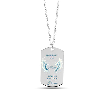 Silver steel men’s tag necklace with blue and black engraved memorial message and laurel design.