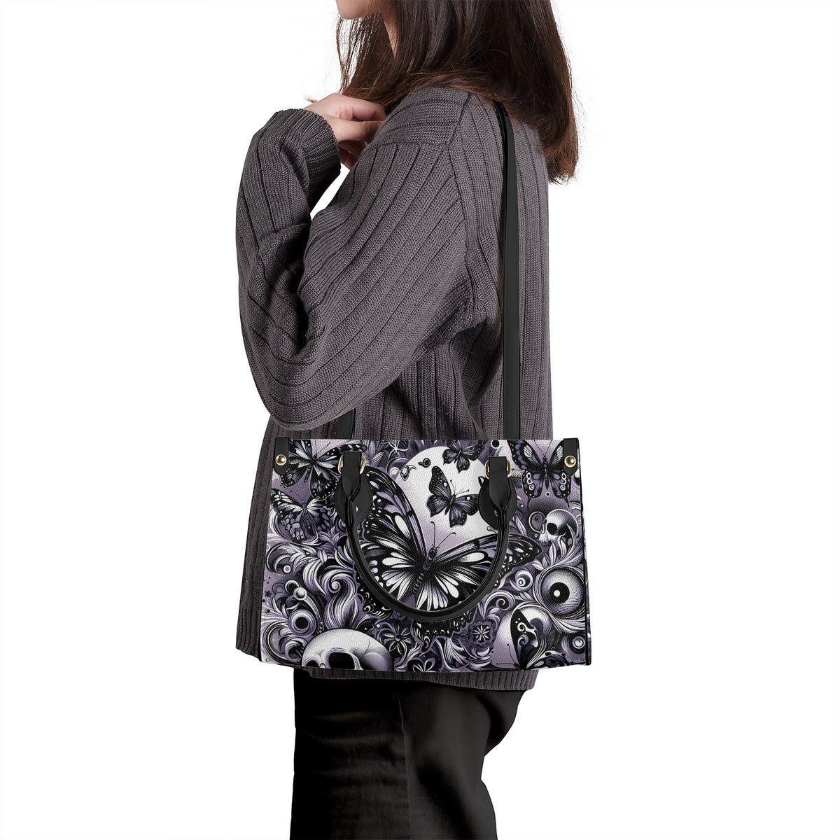 Skull and Butterflies Luxury Women PU Tote Bag - Black JewelryLuxeUS.Shop